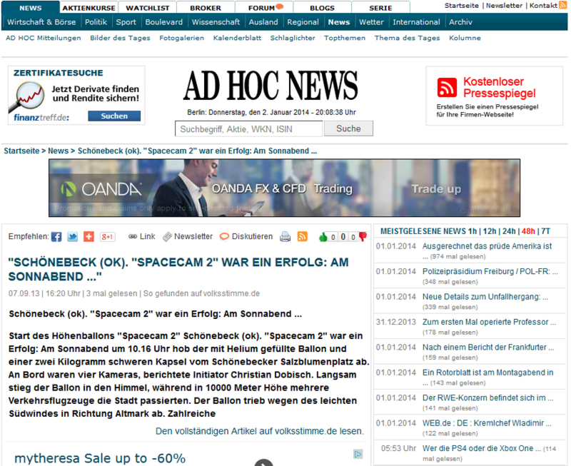 Ausschnitt von Ad Hoc News über Spacecam 2.0