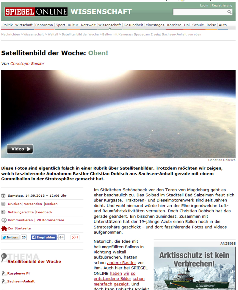 Zeitungsausschnitt Spiegel Online über Spacecam 2.0