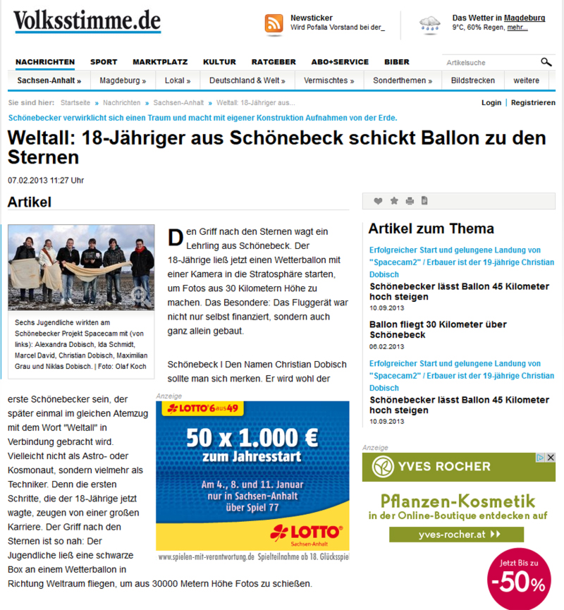 Zeitungsausschnitt der Volksstimme über Spacecam 2.0
