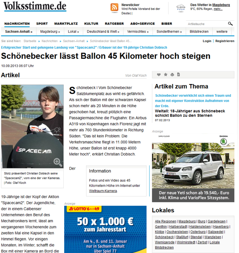 Weiterer Ausschnitt der Volksstimme über Spacecam 2.0